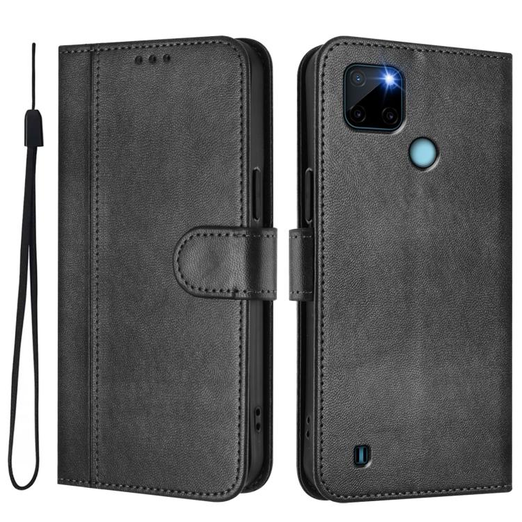 For Realme C21Y Line Splicing Buckle Retro Leather Phone Case