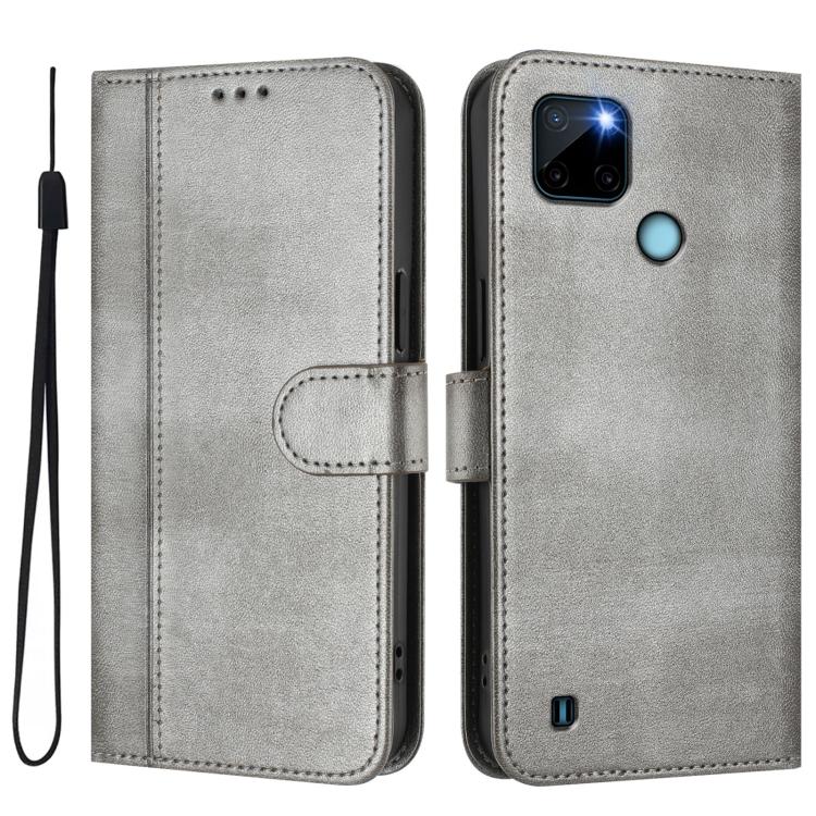 For Realme C21Y Line Splicing Buckle Retro Leather Phone Case