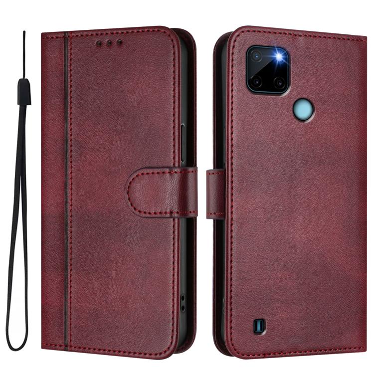 For Realme C21Y Line Splicing Buckle Retro Leather Phone Case