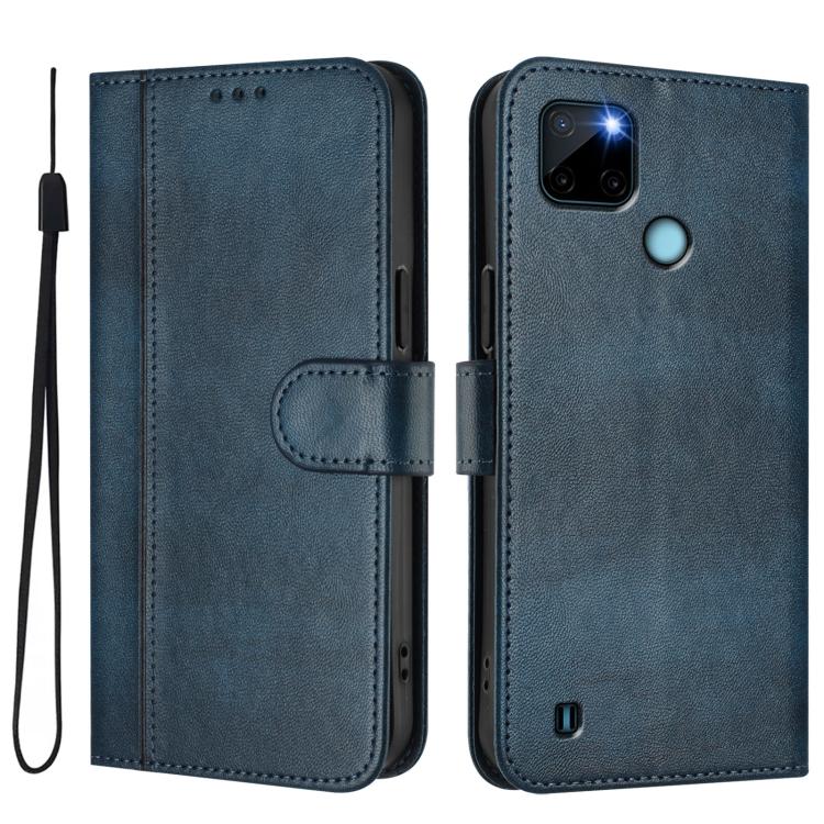 For Realme C21Y Line Splicing Buckle Retro Leather Phone Case