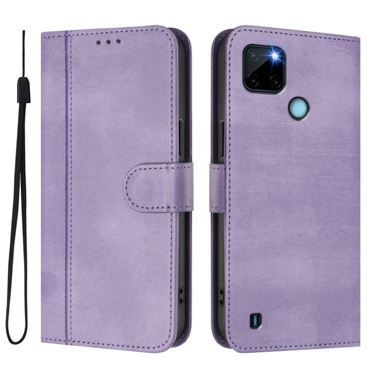 For Realme C21Y Line Splicing Buckle Retro Leather Phone Case