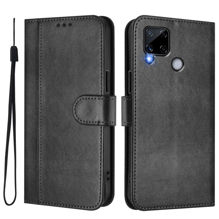 For Realme C25 / C15 / C12 / C25s Line Splicing Buckle Retro Leather Phone Case