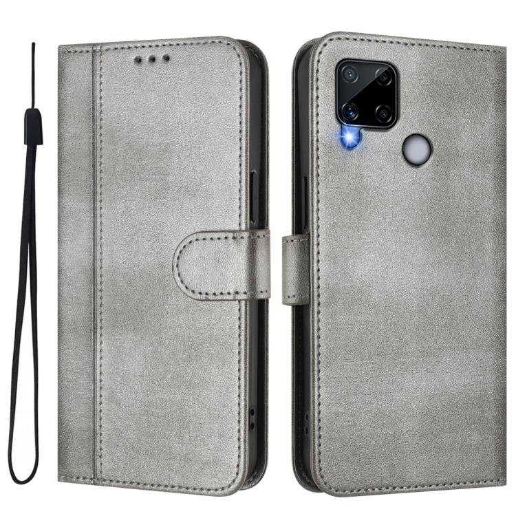 For Realme C25 / C15 / C12 / C25s Line Splicing Buckle Retro Leather Phone Case