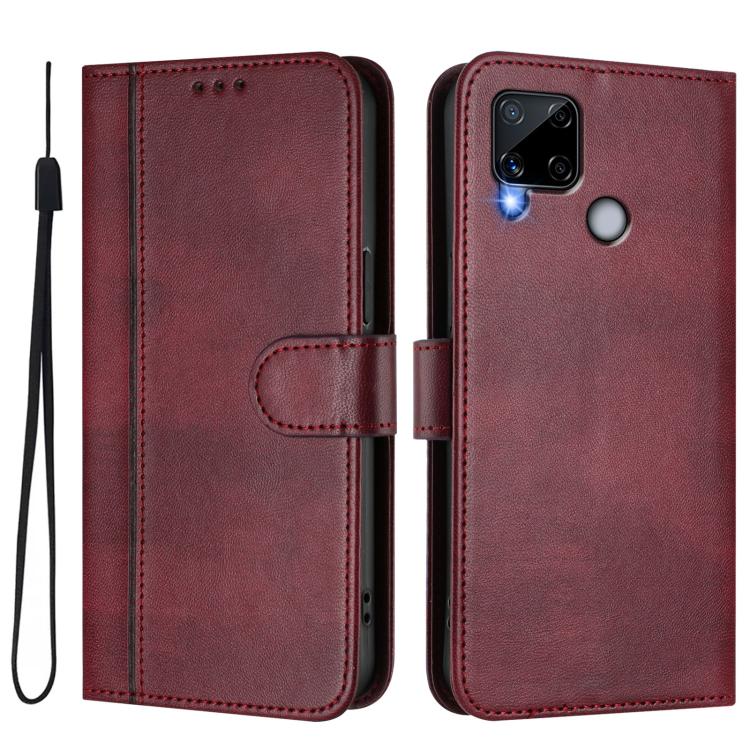 For Realme C25 / C15 / C12 / C25s Line Splicing Buckle Retro Leather Phone Case