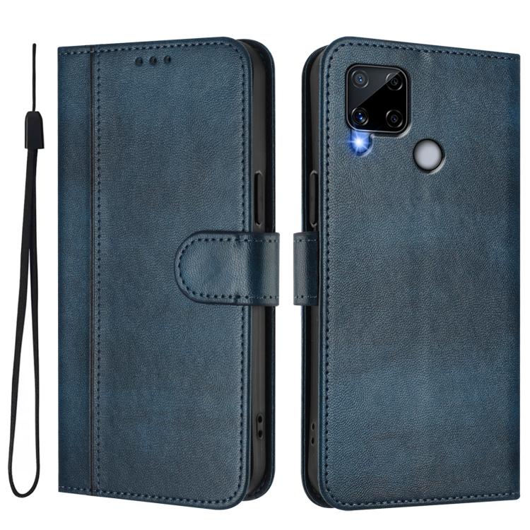 For Realme C25 / C15 / C12 / C25s Line Splicing Buckle Retro Leather Phone Case