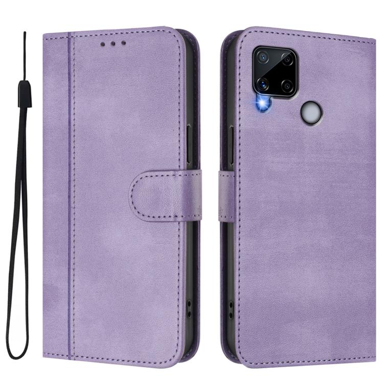 For Realme C25 / C15 / C12 / C25s Line Splicing Buckle Retro Leather Phone Case