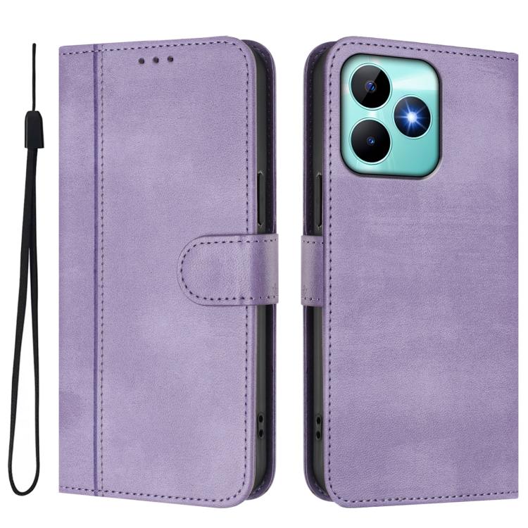 For Realme C53 4G Global / C51 4G Line Splicing Buckle Retro Leather Phone Case