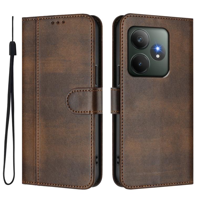 For Realme GT 6 5G / GT 6T 5G Global Line Splicing Buckle Retro Leather Phone Case