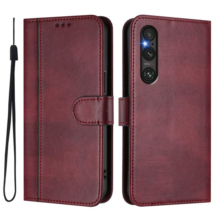 For Sony Xperia 1 V 2023 Line Splicing Buckle Retro Leather Phone Case