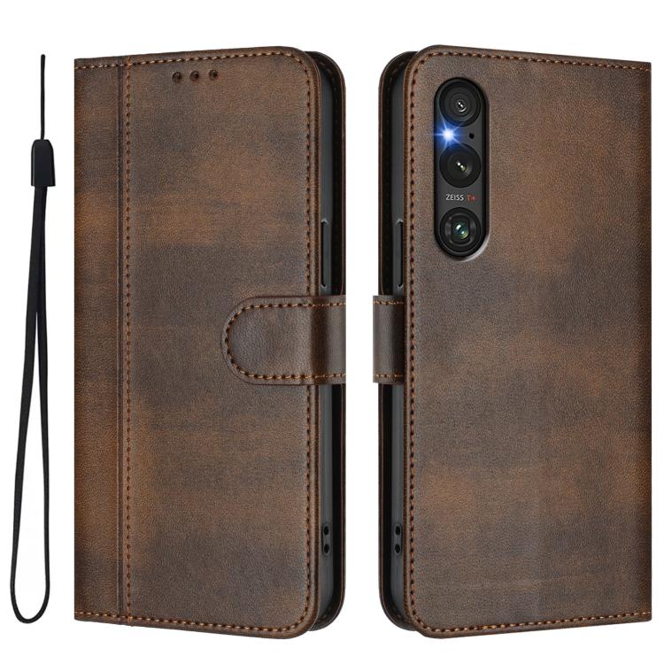 For Sony Xperia 1 V 2023 Line Splicing Buckle Retro Leather Phone Case