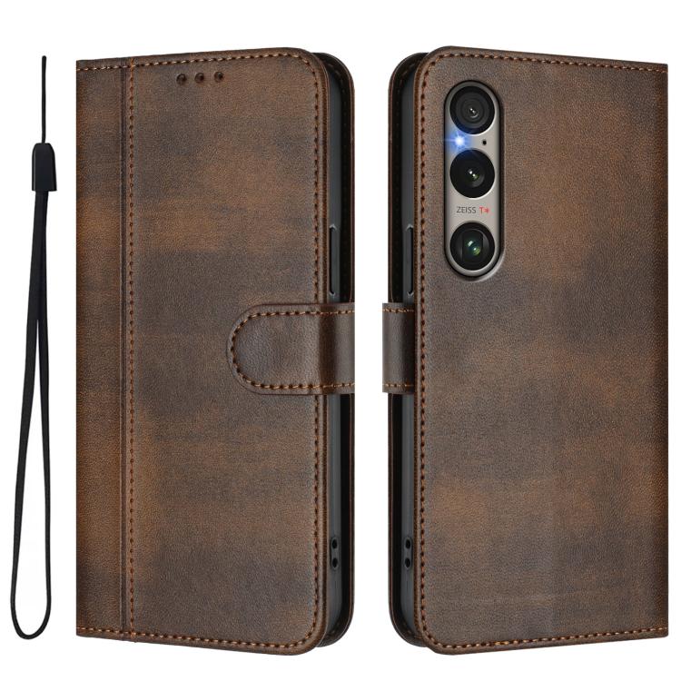 For Sony Xperia 1 VI 2024 Line Splicing Buckle Retro Leather Phone Case