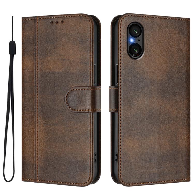 For Sony Xperia 5 V Line Splicing Buckle Retro Leather Phone Case