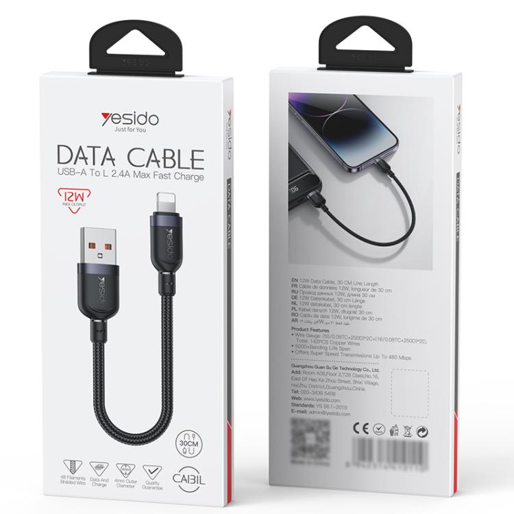 Yesido CA131L 12W 2.4A USB to 8 Pin Charging Data Cable, Length:0.3m - Black