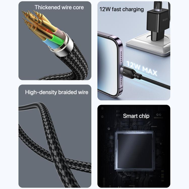 Yesido CA131L 12W 2.4A USB to 8 Pin Charging Data Cable, Length:0.3m - Black