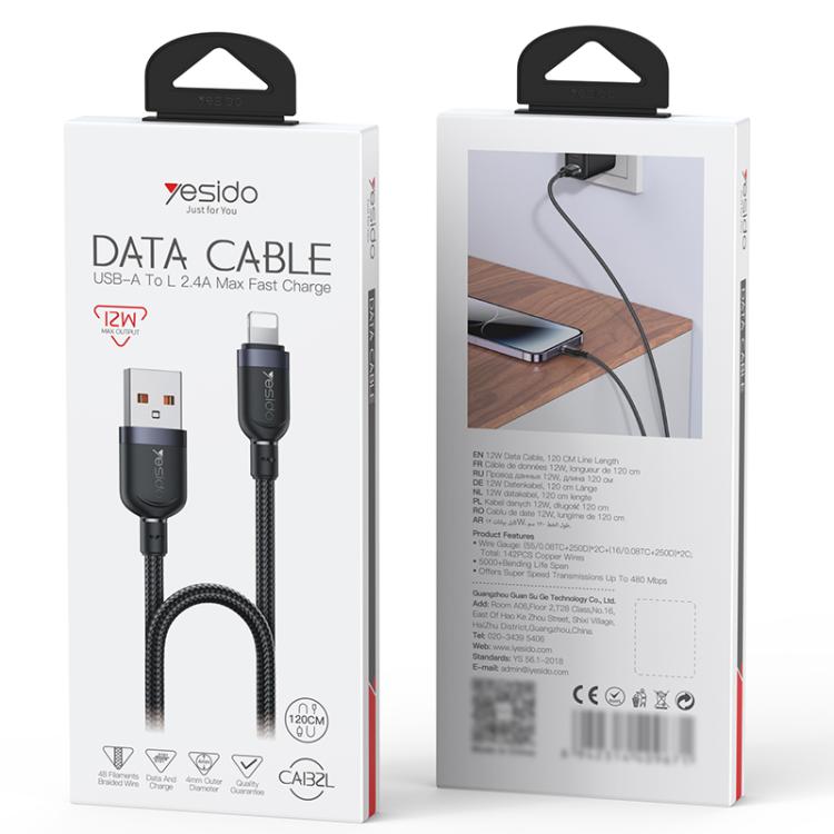Yesido CA132L 12W 2.4A USB to 8 Pin Charging Data Cable, Length:1.2m - Black