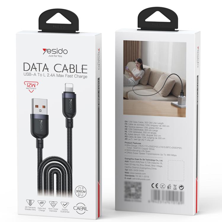 Yesido CA134L 12W 2.4A USB to 8 Pin Charging Data Cable, Length:3m - Black