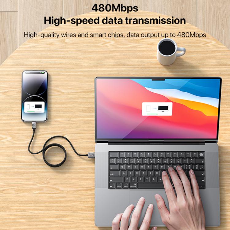 Yesido CA135L 12W 2.4A USB to 8 Pin Zinc Alloy Data Cable, Length:1.2m - Black