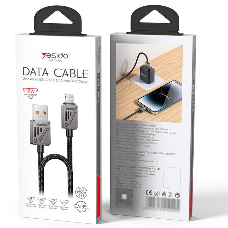 Yesido CA135L 12W 2.4A USB to 8 Pin Zinc Alloy Data Cable, Length:1.2m - Black