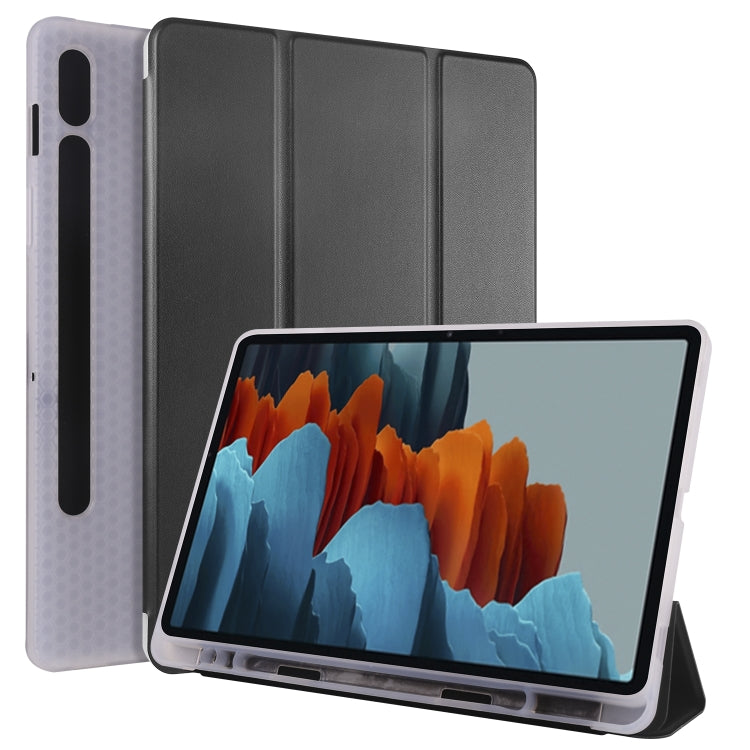 For Samsung Galaxy Tab S8 / Galaxy Tab S7 T870 11 inch Horizontal Flip Anti-fall Transparent Leather Case with Three-folding Holder & Pen Slot