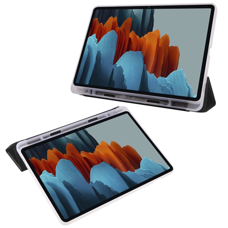 For Samsung Galaxy Tab S8 / Galaxy Tab S7 T870 11 inch Horizontal Flip Anti-fall Transparent Leather Case with Three-folding Holder & Pen Slot