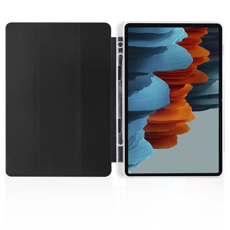 For Samsung Galaxy Tab S8 / Galaxy Tab S7 T870 11 inch Horizontal Flip Anti-fall Transparent Leather Case with Three-folding Holder & Pen Slot