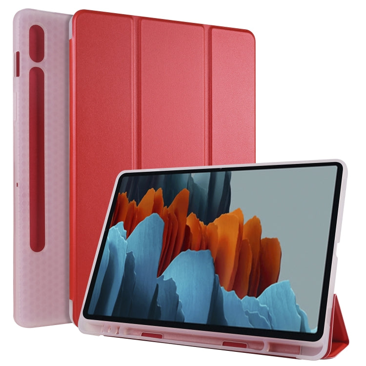 For Samsung Galaxy Tab S8 / Galaxy Tab S7 T870 11 inch Horizontal Flip Anti-fall Transparent Leather Case with Three-folding Holder & Pen Slot