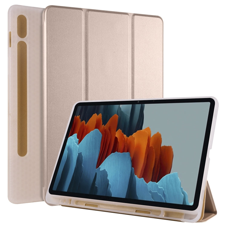 For Samsung Galaxy Tab S8 / Galaxy Tab S7 T870 11 inch Horizontal Flip Anti-fall Transparent Leather Case with Three-folding Holder & Pen Slot