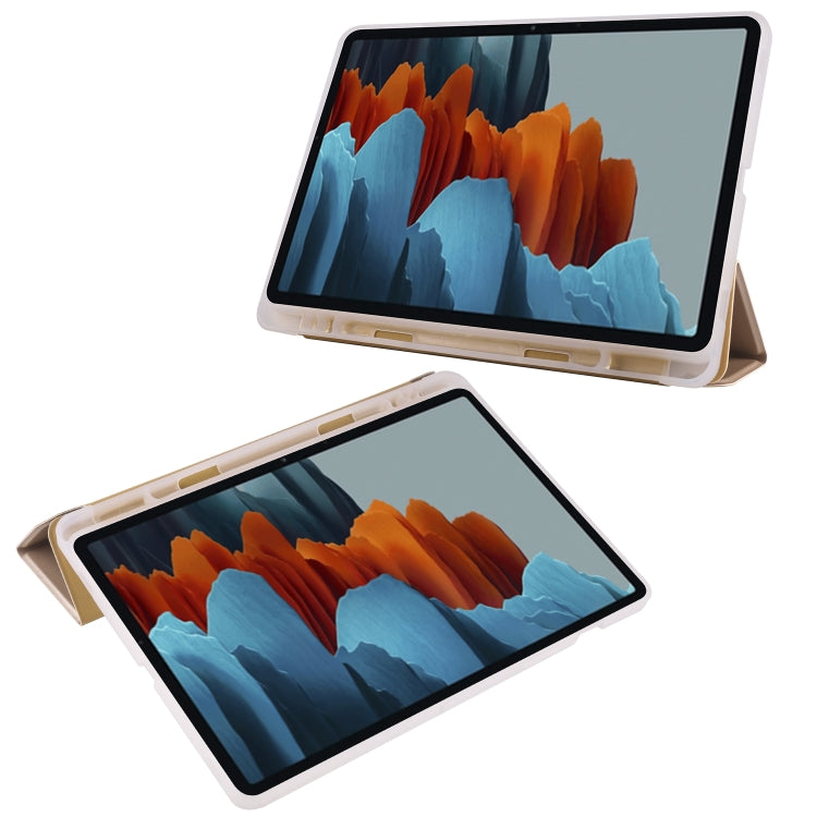For Samsung Galaxy Tab S8 / Galaxy Tab S7 T870 11 inch Horizontal Flip Anti-fall Transparent Leather Case with Three-folding Holder & Pen Slot