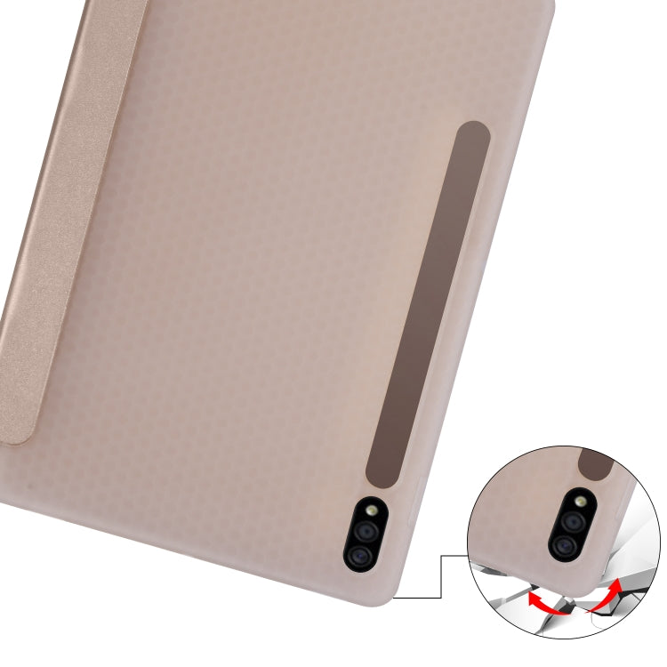 For Samsung Galaxy Tab S8 / Galaxy Tab S7 T870 11 inch Horizontal Flip Anti-fall Transparent Leather Case with Three-folding Holder & Pen Slot