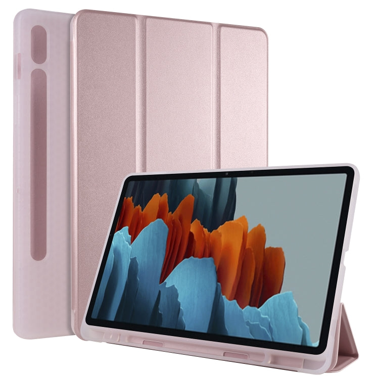 For Samsung Galaxy Tab S8 / Galaxy Tab S7 T870 11 inch Horizontal Flip Anti-fall Transparent Leather Case with Three-folding Holder & Pen Slot