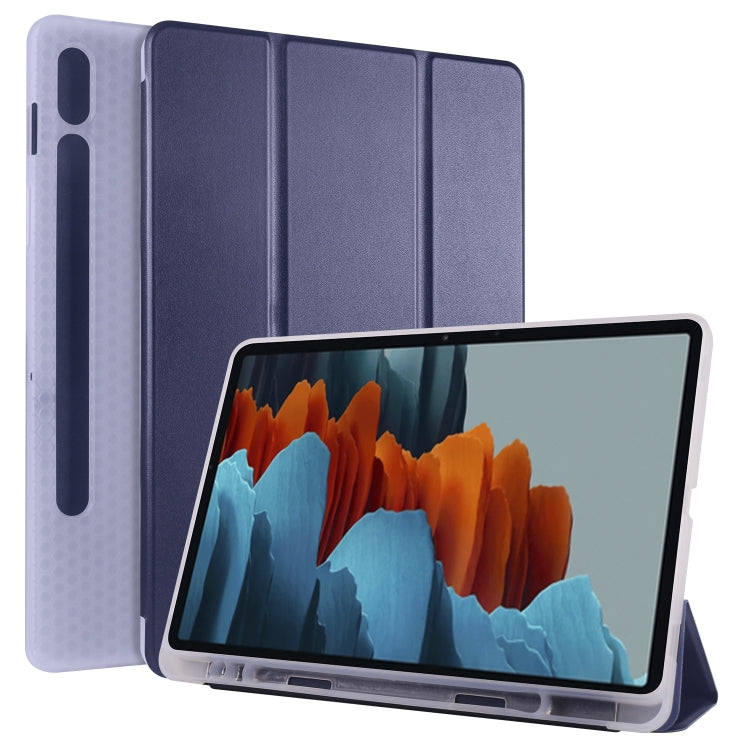 For Samsung Galaxy Tab S8 / Galaxy Tab S7 T870 11 inch Horizontal Flip Anti-fall Transparent Leather Case with Three-folding Holder & Pen Slot