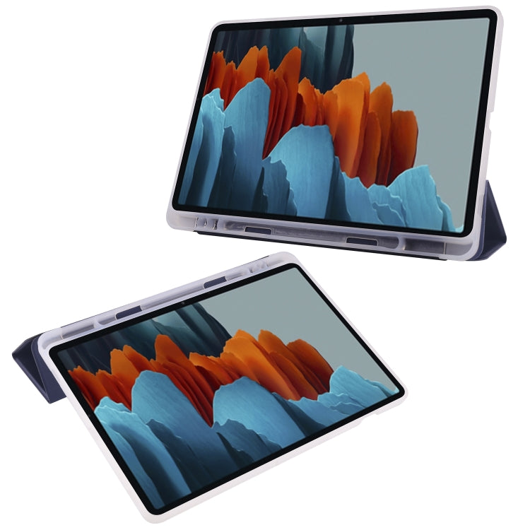 For Samsung Galaxy Tab S8 / Galaxy Tab S7 T870 11 inch Horizontal Flip Anti-fall Transparent Leather Case with Three-folding Holder & Pen Slot
