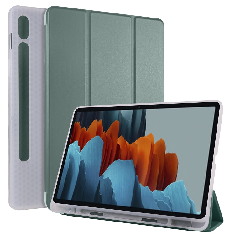 For Samsung Galaxy Tab S8 / Galaxy Tab S7 T870 11 inch Horizontal Flip Anti-fall Transparent Leather Case with Three-folding Holder & Pen Slot