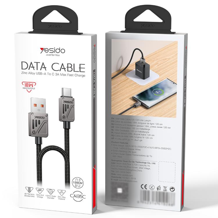 Yesido CA135C 18W 3A USB to USB-C / Type-C Zinc Alloy Data Cable, Length:1.2m - Black