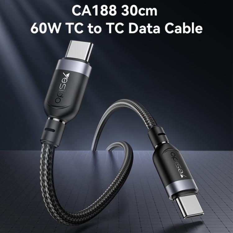 Yesido CA188 60W 3A USB-C / Type-C to Type-C Charging Data Cable, Length:0.3m - Black