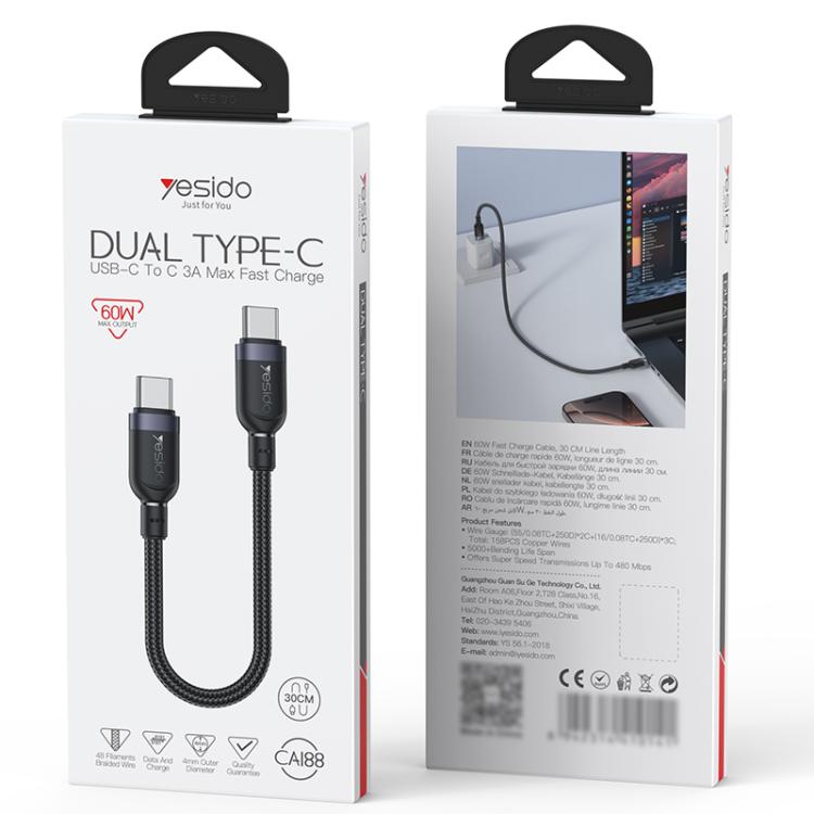 Yesido CA188 60W 3A USB-C / Type-C to Type-C Charging Data Cable, Length:0.3m - Black