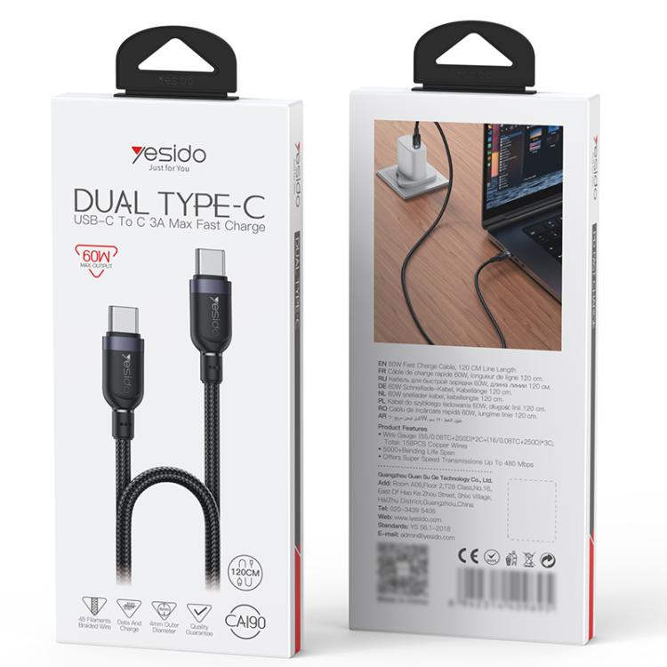 Yesido CA190 60W 3A USB-C / Type-C to Type-C Charging Data Cable, Length:1.2m - Black