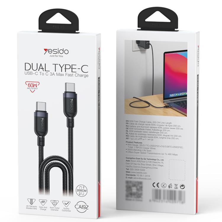Yesido CA192 60W 3A USB-C / Type-C to Type-C Charging Data Cable, Length:2m - Black
