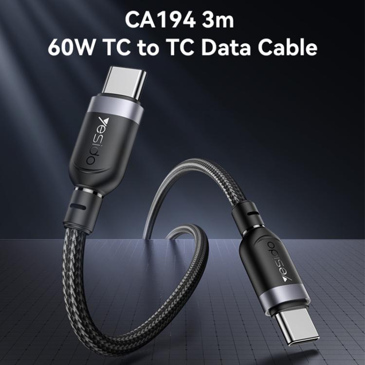 Yesido CA194 60W 3A USB-C / Type-C to Type-C Charging Data Cable, Length:3m - Black
