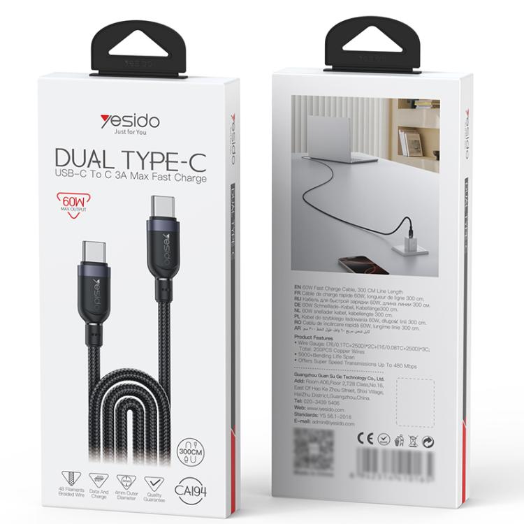Yesido CA194 60W 3A USB-C / Type-C to Type-C Charging Data Cable, Length:3m - Black