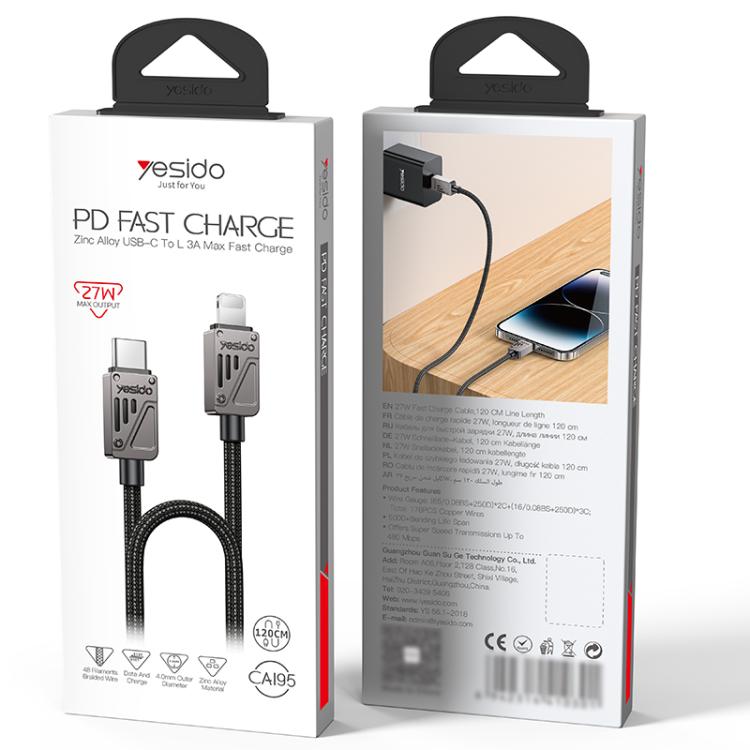 Yesido CA195 27W 3A USB-C / Type-C to 8 Pin Zinc Alloy Data Cable, Length:1.2m - Black