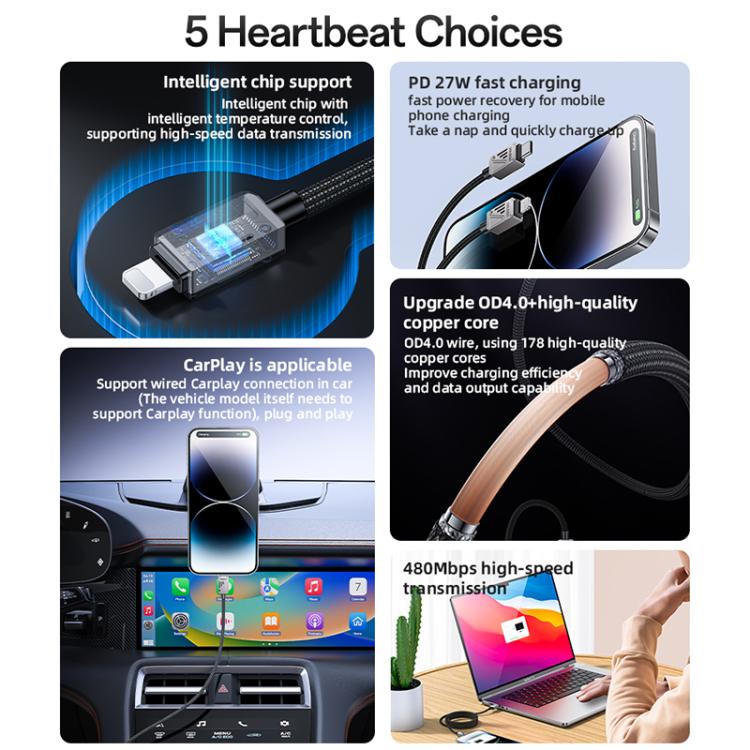 Yesido CA195 27W 3A USB-C / Type-C to 8 Pin Zinc Alloy Data Cable, Length:1.2m - Black