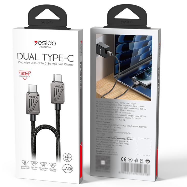 Yesido CA196 60W 3A USB-C / Type-C to Type-C Zinc Alloy Data Cable, Length:1.2m - Black