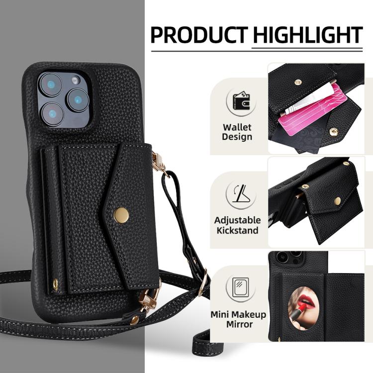 For iPhone 16 Pro Max Litchi Texture Horizontal Card Bag Holder Phone Case with Long Lanyard