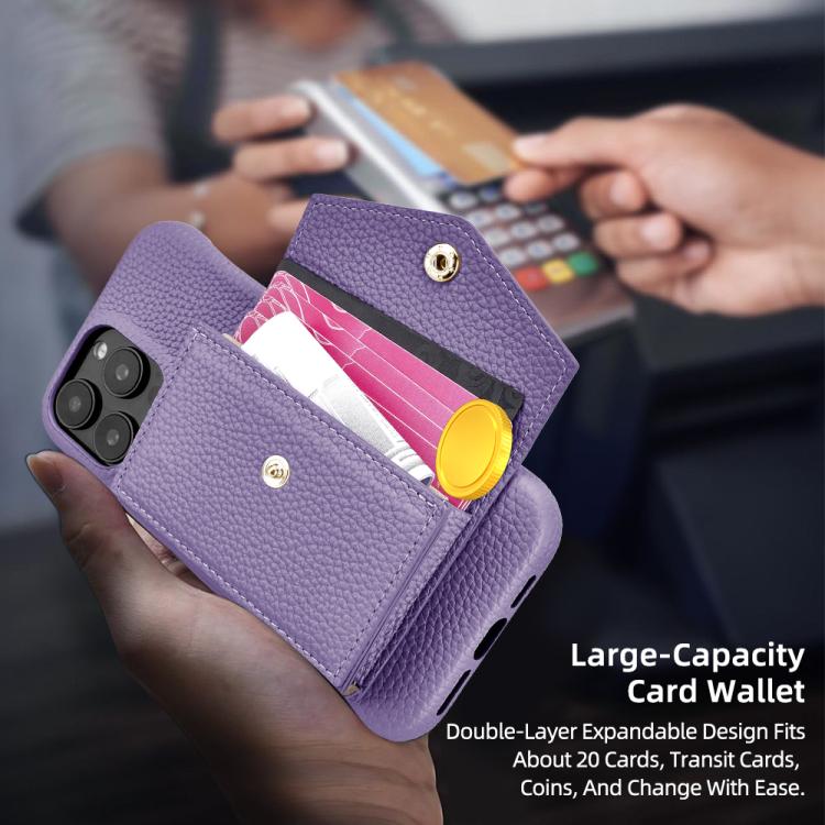 For iPhone 16 Pro Max Litchi Texture Horizontal Card Bag Holder Phone Case with Long Lanyard