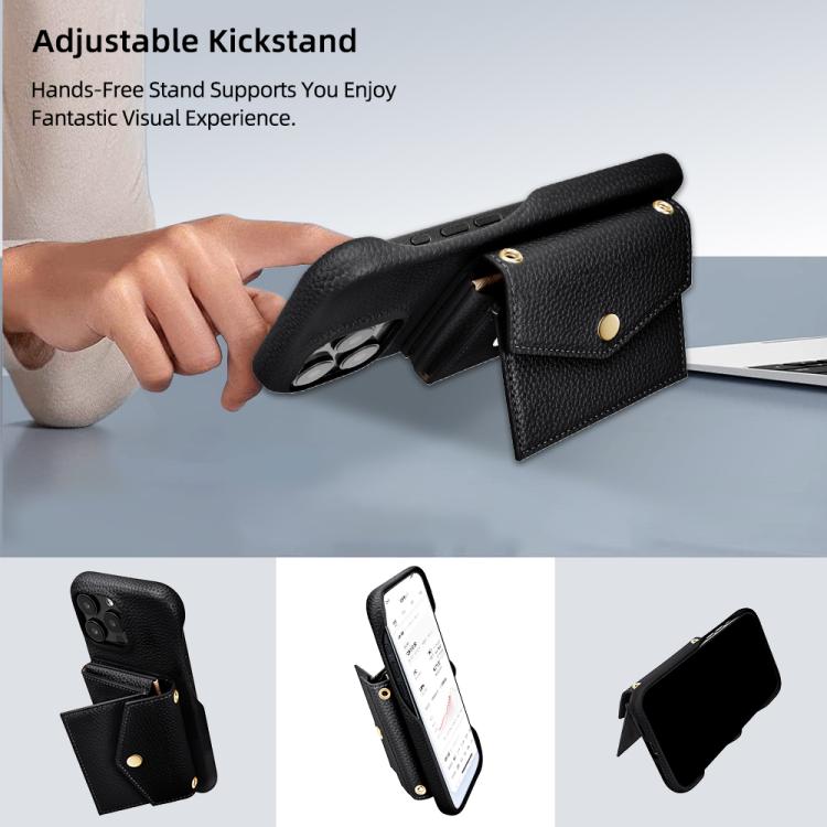 For iPhone 16 Pro Litchi Texture Horizontal Card Bag Holder Phone Case with Long Lanyard