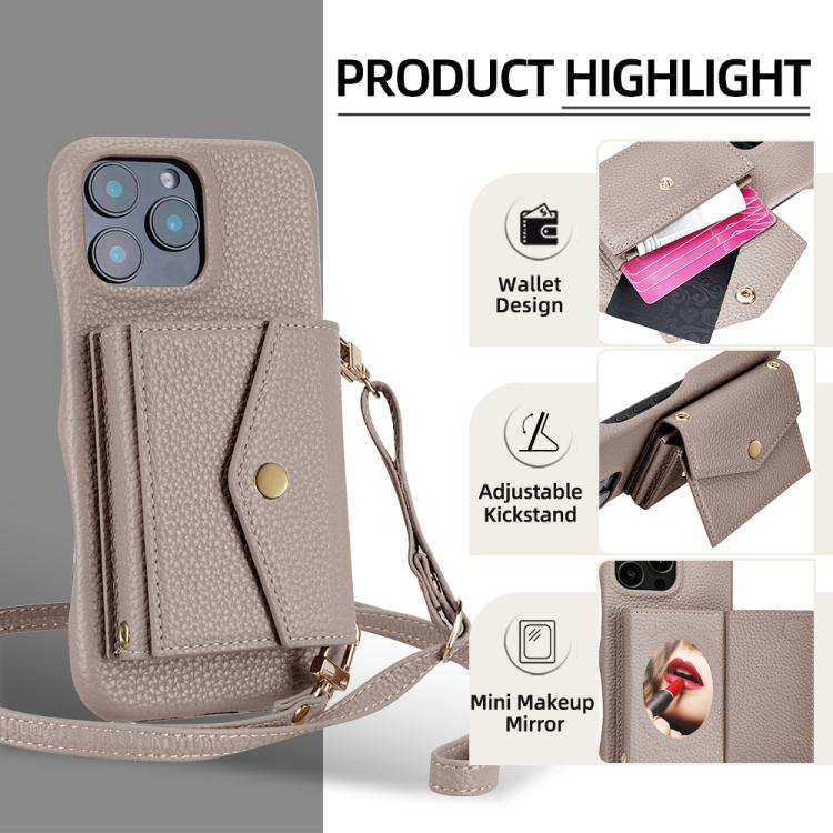 For iPhone 16 Pro Litchi Texture Horizontal Card Bag Holder Phone Case with Long Lanyard