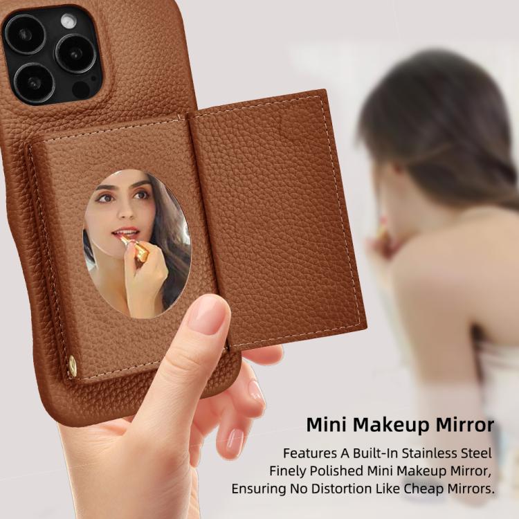 For iPhone 16 Litchi Texture Horizontal Card Bag Holder Phone Case with Long Lanyard