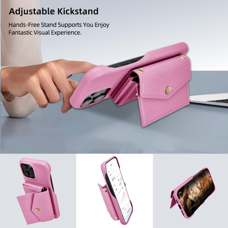 For iPhone 16 Litchi Texture Horizontal Card Bag Holder Phone Case with Long Lanyard