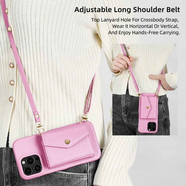 For iPhone 15 Pro Max Litchi Texture Horizontal Card Bag Holder Phone Case with Long Lanyard